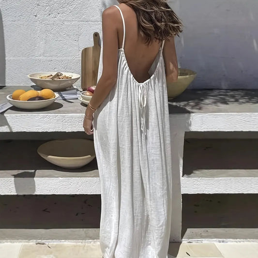 White Women's Crinkle Ice Silk Backless Cami Maxi Dress(Size L) - Loose Fit Lounge Nightgown Slip Dress, Casual Resort Wear