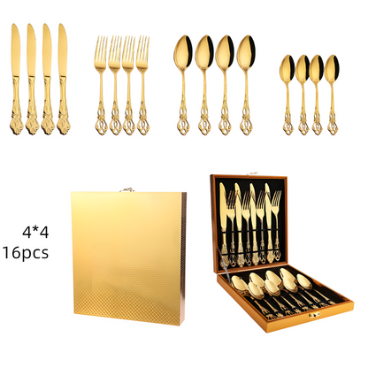 4Set / 16PCS Gold Royal Court Cutlery Set - Vintage Hollow Engraved 410 Stainless Steel Dinnerware with Gift Box - Image 2