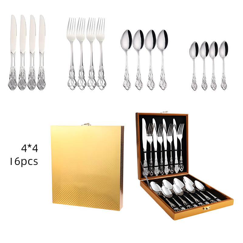 4Set / 16PCS Silver Royal Court Cutlery Set - Vintage Hollow Engraved 410 Stainless Steel Dinnerware with Gift Box - Image 2