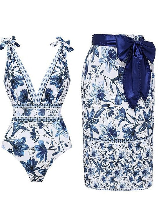 L Size Blue Print Women's Sexy One-Piece Swimsuit Set With Matching Wrap Skirt  - European/American Style Bikini with Built-in Pads
