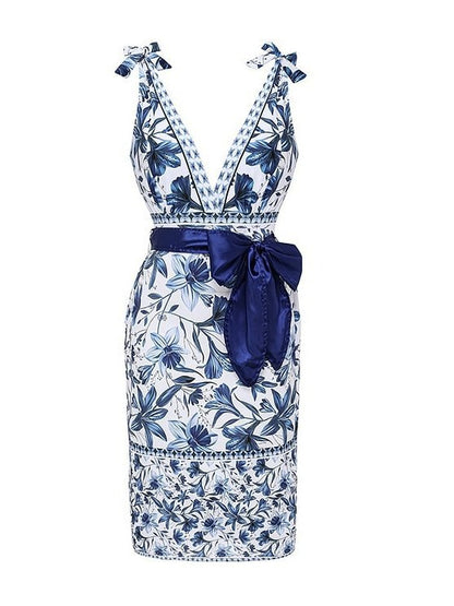 L Size Blue Print Women's Sexy One-Piece Swimsuit Set With Matching Wrap Skirt  - European/American Style Bikini with Built-in Pads - Image 2