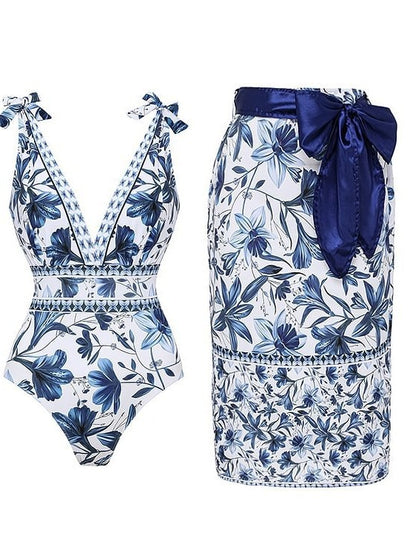 XL Size Blue Print Women's Sexy One-Piece Swimsuit Set With Matching Wrap Skirt  - European/American Style Bikini with Built-in Pads