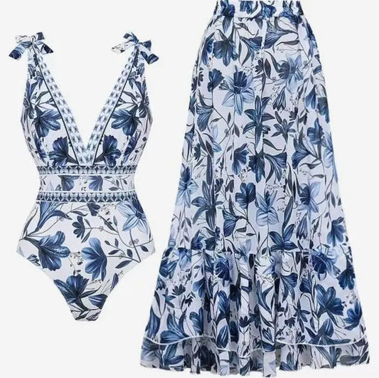 S Size Blue Print Women's Sexy One-Piece Swimsuit Set With Matching Long Dress  - European/American Style Bikini with Built-in Pads
