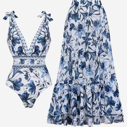 XL Size Blue Print Women's Sexy One-Piece Swimsuit Set With Matching Long Dress  - European/American Style Bikini with Built-in Pads