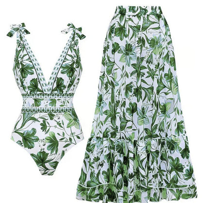 XXL Size Green Print Women's Sexy One-Piece Swimsuit Set With Matching Long Dress  - European/American Style Bikini with Built-in Pads