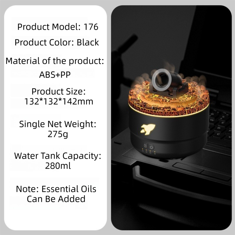 176 Black Simulation Turret Diffuser & Humidifier - Smart Timer Ultrasonic Mister with Volcano Lava Crack Shell and Colorful Light - Image 2