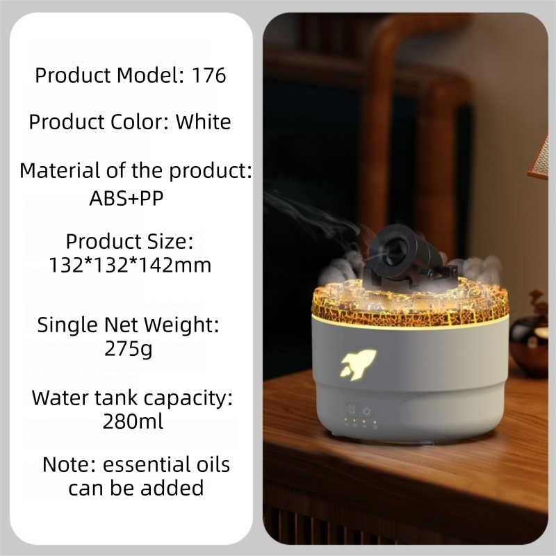 176 White Simulation Turret Diffuser & Humidifier - Smart Timer Ultrasonic Mister with Volcano Lava Crack Shell and Colorful Light - Image 2