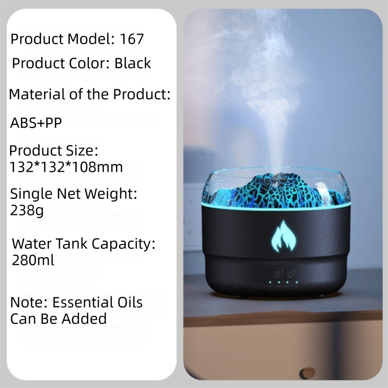 167 Black Simulation Volcano Diffuser & Humidifier - Smart Timer Ultrasonic Mister with Volcano Lava Crack Shell and Colorful Light - Image 2