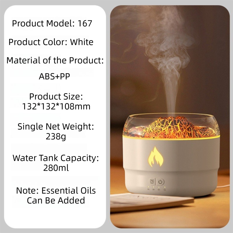 167 White Simulation Volcano Diffuser & Humidifier - Smart Timer Ultrasonic Mister with Volcano Lava Crack Shell and Colorful Light - Image 2