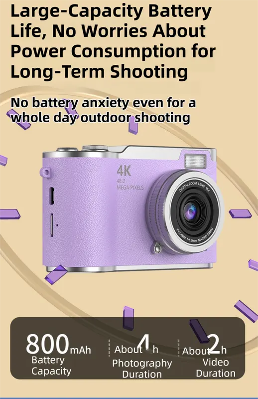 Brown 4K Compact Digital CCD Camera for Vlogging & Students - Portable Point and Shoot with 2.4-inch Rotating Screen, 8X Optical Zoom, and Anti-Shake - Image 5