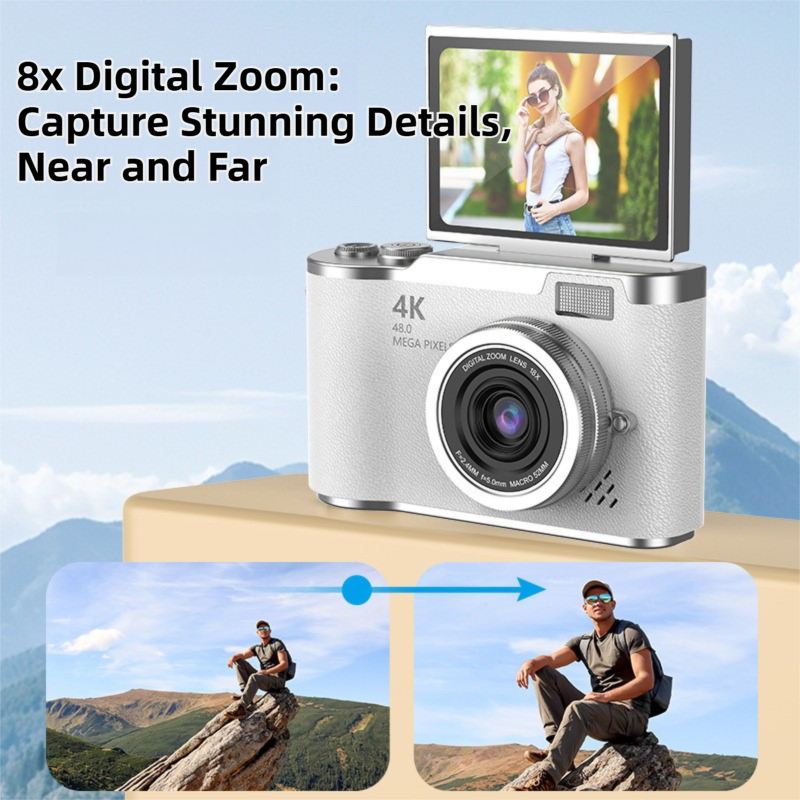 White 4K Compact Digital CCD Camera for Vlogging & Students - Portable Point and Shoot with 2.4-inch Rotating Screen, 8X Optical Zoom, and Anti-Shake - Image 2