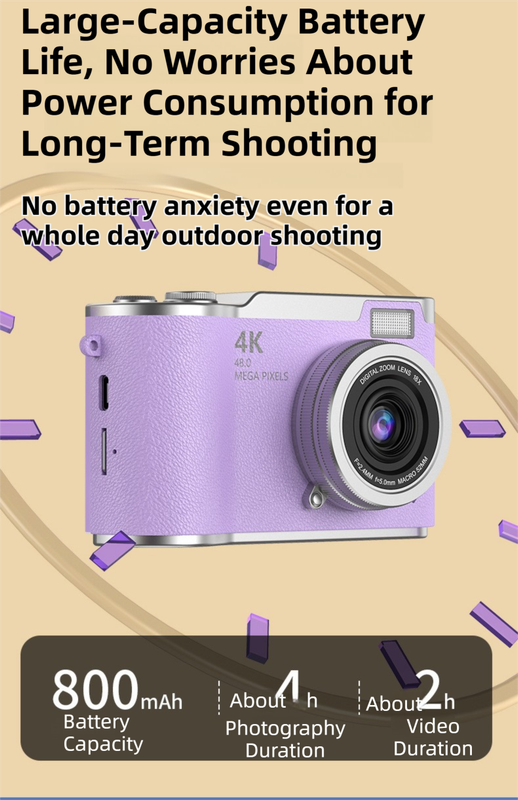 Pink 4K Compact Digital CCD Camera for Vlogging & Students - Portable Point and Shoot with 2.4-inch Rotating Screen, 8X Optical Zoom, and Anti-Shake - Image 5