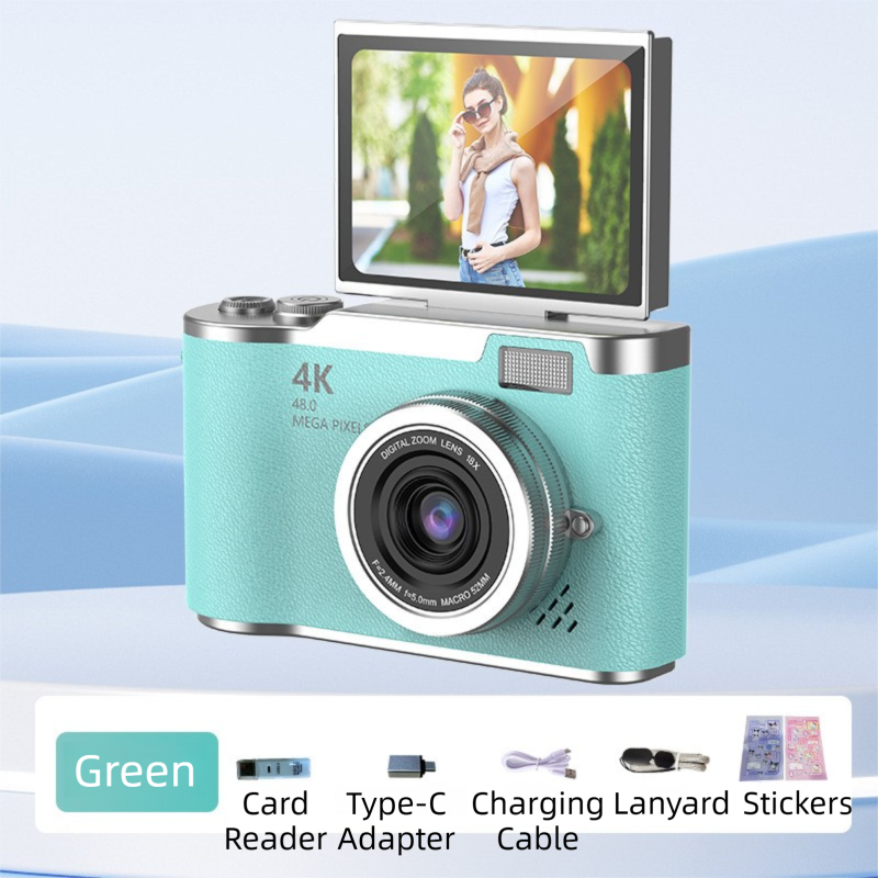 Green 4K Compact Digital CCD Camera for Vlogging & Students - Portable Point and Shoot with 2.4-inch Rotating Screen, 8X Optical Zoom, and Anti-Shake