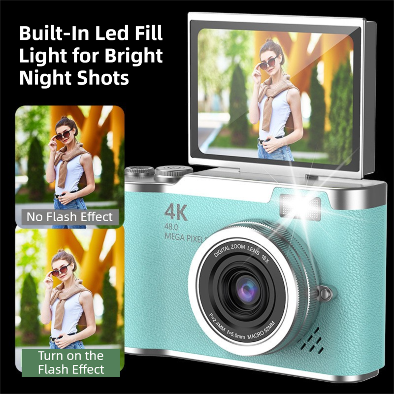 Green 4K Compact Digital CCD Camera for Vlogging & Students - Portable Point and Shoot with 2.4-inch Rotating Screen, 8X Optical Zoom, and Anti-Shake - Image 3