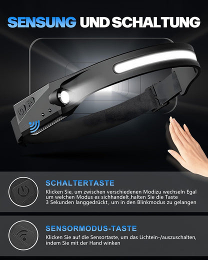 Adjustable High-Lumen Rechargeable COB LED Headlamp - 230° Wide Beam Head Torch with Wave Sensor for Camping, Hiking & Fishing - Image 5