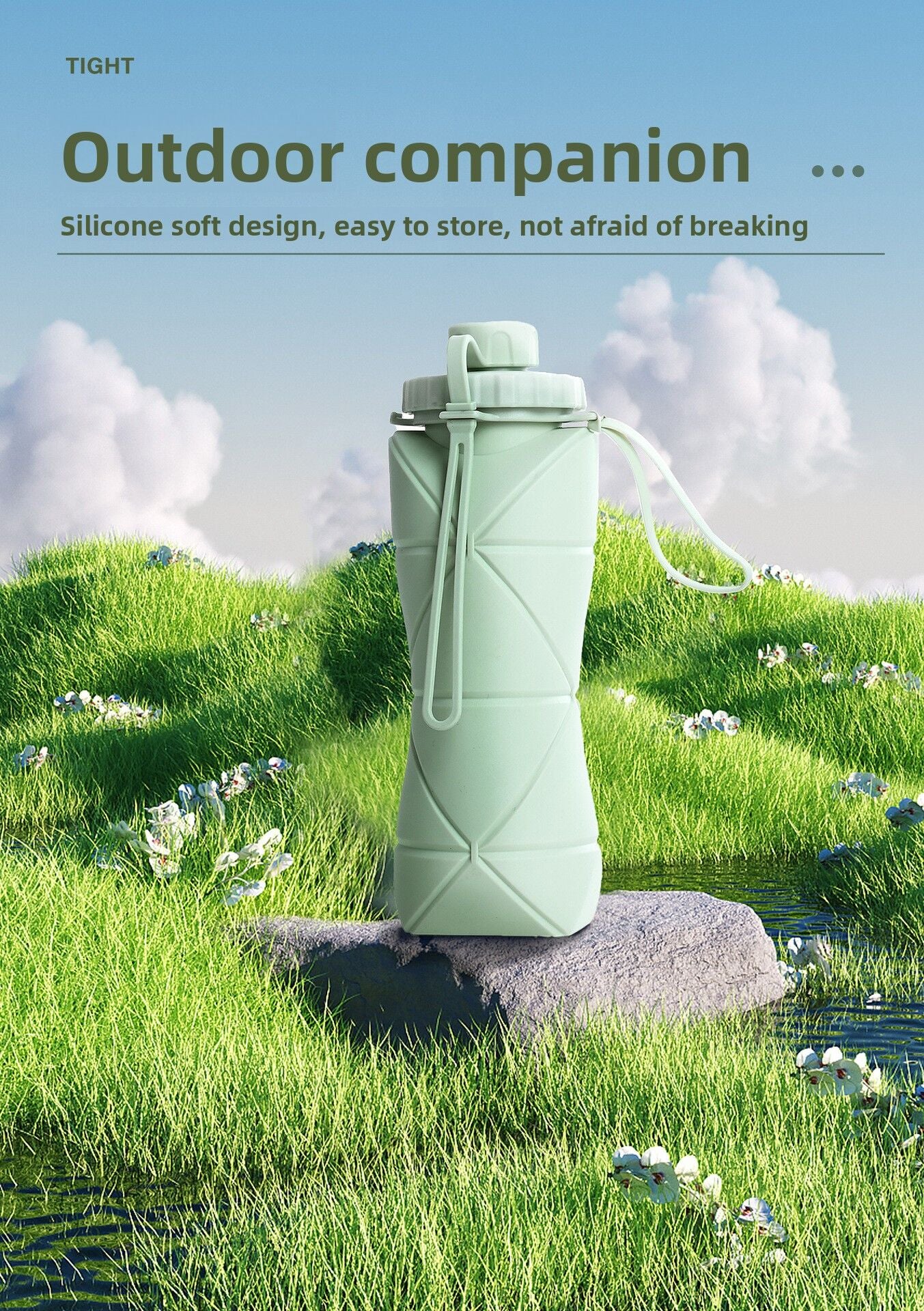 Blue Portable Food Grade Silicone Collapsible Sports Water Bottle 600ML - Folding down 80% , Low High Temperature Resistant - Image 8