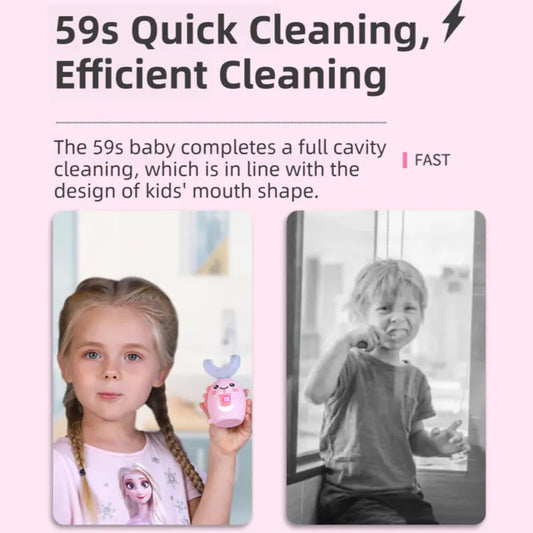 K18 Pink Raccoon 360° U-Shaped Electric Toothbrush Set for Children 2-6 Years Old - Silicone Soft Bristle Oral Cleaner with 6 Modes & 3 Small Brush Heads - Image 6