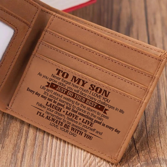 Style 1 To My Son Embossed Genuine Cowhide Leather Men's Wallet (Gift Giver: Love Dad) - Anti-Theft RFID Blocking - Personalized Dad & Mom Gift