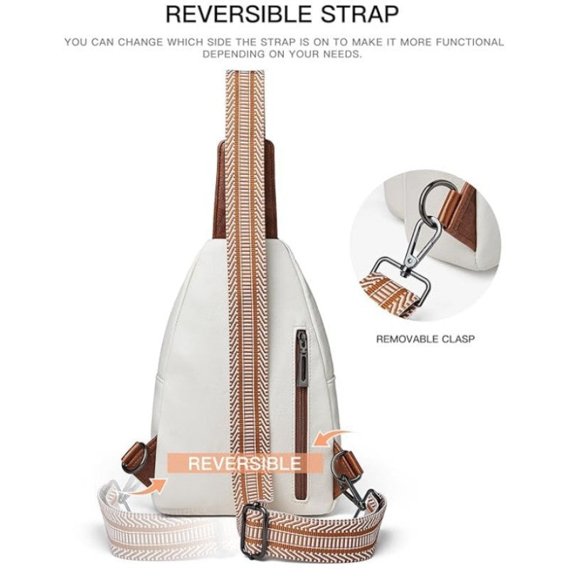 White Women's 3-Layer Zipped PU Chest Bag with Reversable Strap - Roomy But Not Nulky Single Shoulder Crossbody Bag - Image 3