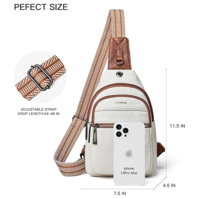 White Women's 3-Layer Zipped PU Chest Bag with Reversable Strap - Roomy But Not Nulky Single Shoulder Crossbody Bag - Image 4
