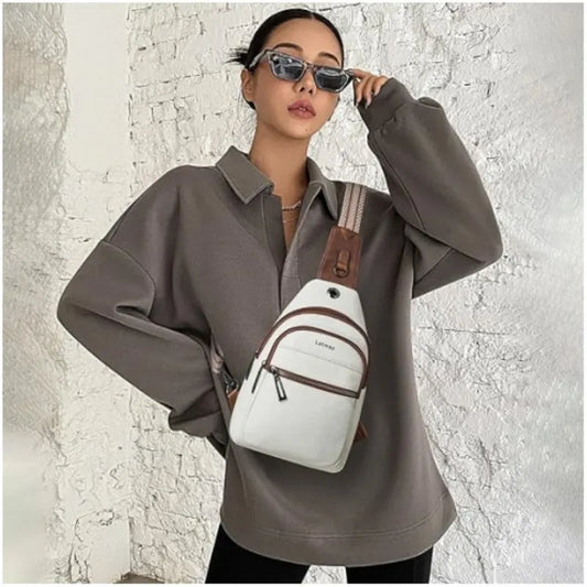 White Women's 3-Layer Zipped PU Chest Bag with Reversable Strap - Roomy But Not Nulky Single Shoulder Crossbody Bag - Image 5