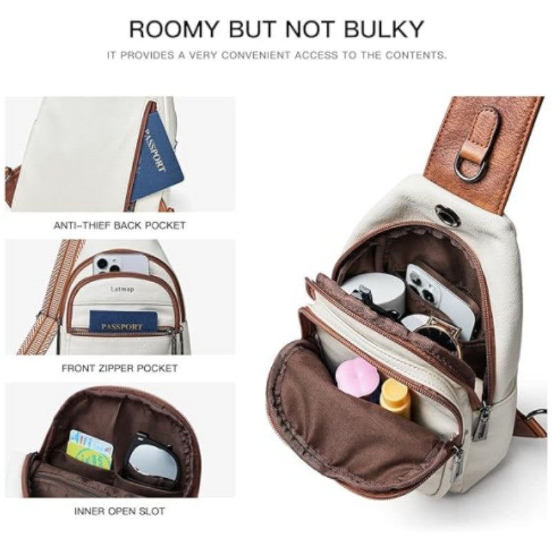 Black Women's 3-Layer Zipped PU Chest Bag with Reversable Strap - Roomy But Not Nulky Single Shoulder Crossbody Bag - Image 2