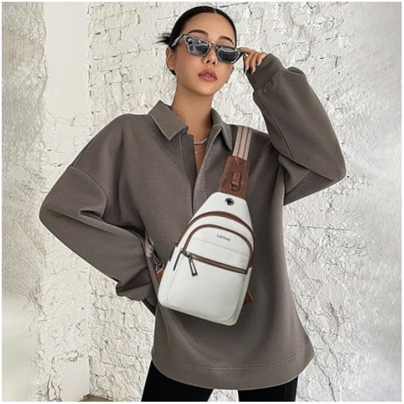 Brown Women's 3-Layer Zipped PU Chest Bag with Reversable Strap - Roomy But Not Nulky Single Shoulder Crossbody Bag - Image 5