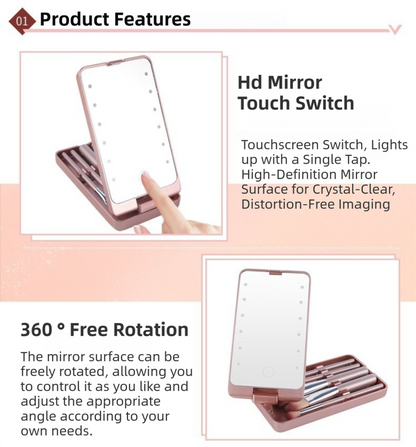Pink Portable LED Makeup Mirror with Lights & Brushes (9x2.5x16CM) - Mini Foldable Desktop Vanity Mirror with Dual Color Temperature - Image 5