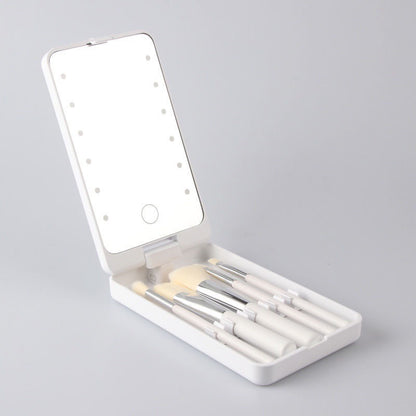 White Portable LED Makeup Mirror with Lights & Brushes (9x2.5x16CM) - Mini Foldable Desktop Vanity Mirror with Dual Color Temperature