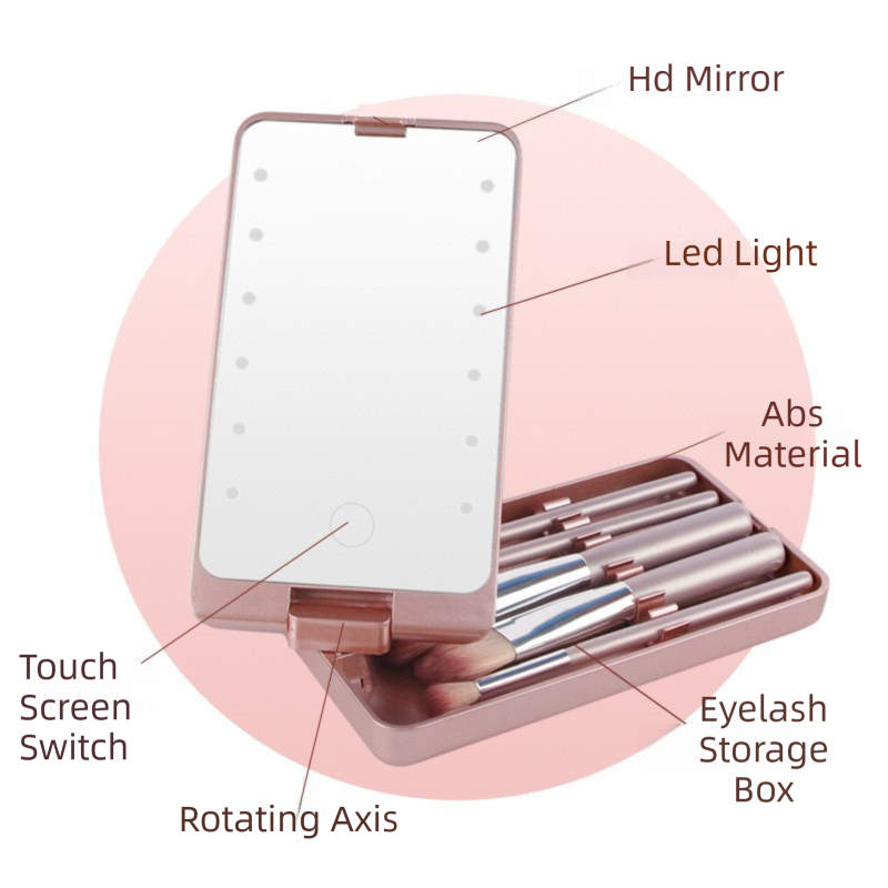 White Portable LED Makeup Mirror with Lights & Brushes (9x2.5x16CM) - Mini Foldable Desktop Vanity Mirror with Dual Color Temperature - Image 3