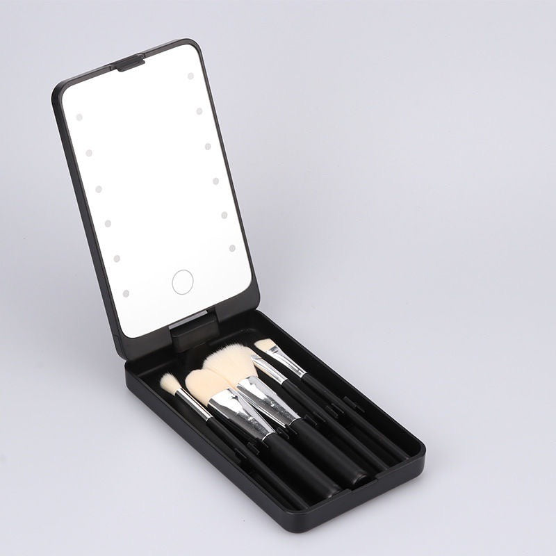 Black Portable LED Makeup Mirror with Lights & Brushes (9x2.5x16CM) - Mini Foldable Desktop Vanity Mirror with Dual Color Temperature