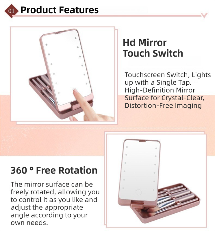 Black Portable LED Makeup Mirror with Lights & Brushes (9x2.5x16CM) - Mini Foldable Desktop Vanity Mirror with Dual Color Temperature - Image 5