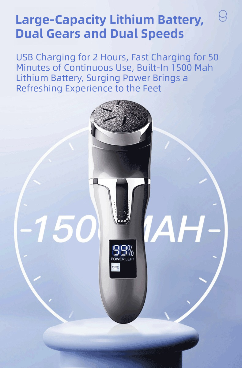 White Portable Electronic Pedicure File Set -  Waterproof Electric Foot Callus Remover with Dual-Speed and LCD Display, USB Rechargeable - Image 5