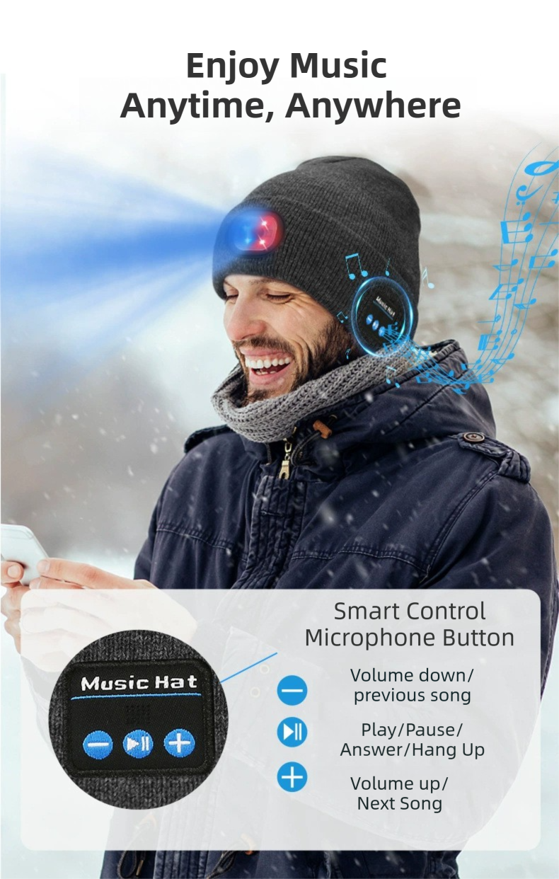 Black Removable LED Bluetooth Headphone Beanie - Washable Knit Hat with 3-Level LED Illumination & Stereo Sound, USB Rechargeable - Image 4