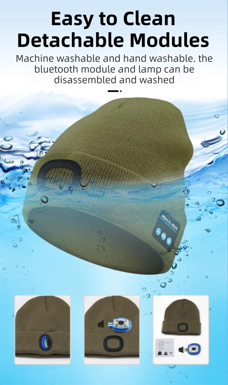 Dark Blue Removable LED Bluetooth Headphone Beanie - Washable Knit Hat with 3-Level LED Illumination & Stereo Sound, USB Rechargeable - Image 5