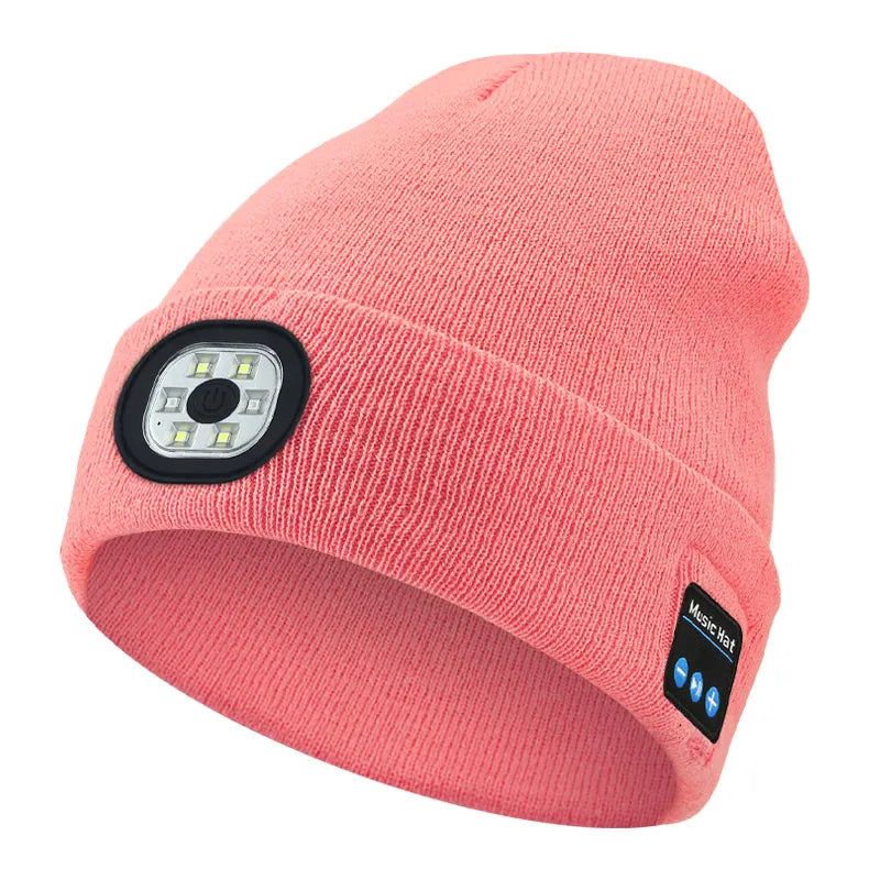 Pink Removable LED Bluetooth Headphone Beanie - Washable Knit Hat with 3-Level LED Illumination & Stereo Sound, USB Rechargeable
