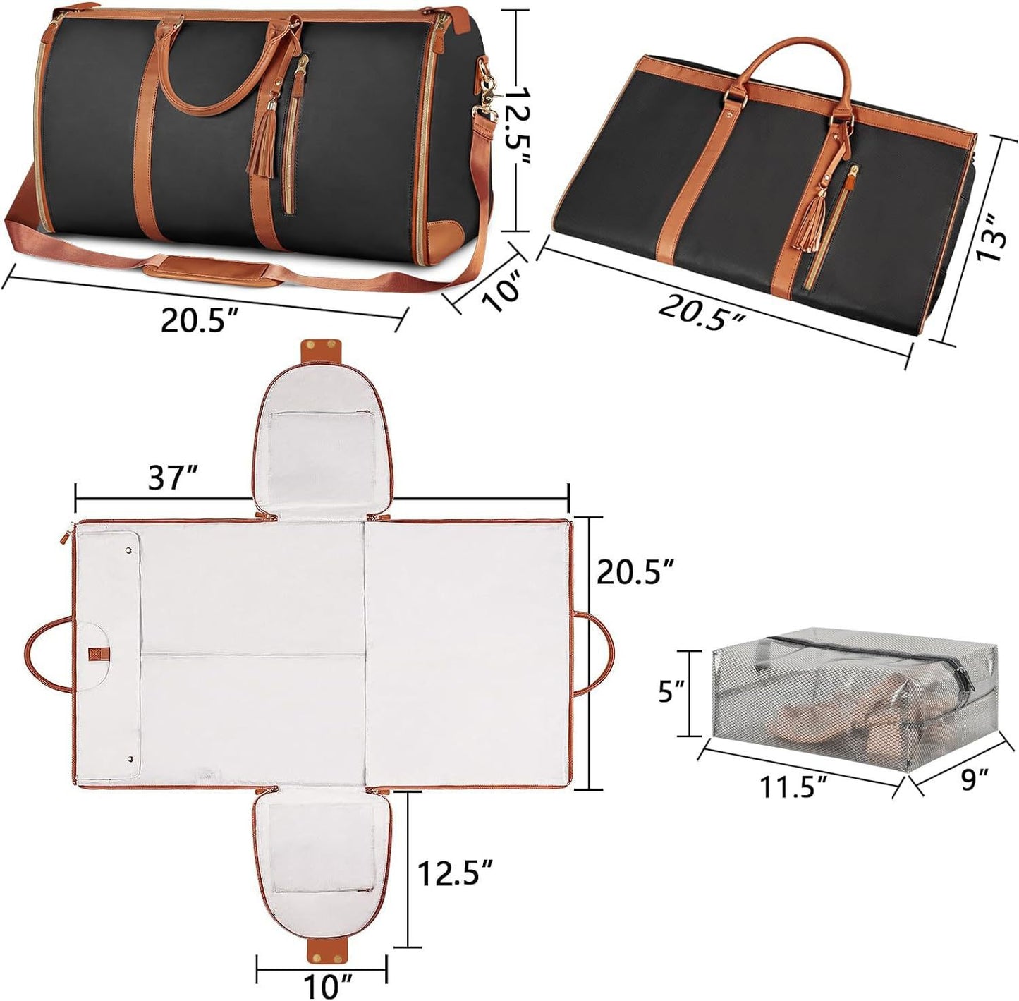 Black 56-75L Large Capacity Foldable Garment Duffel Bag with Shoe Pouch - PU Leather Convertible Suit Carrier, Anti-Wrinkle Travel & Weekender Bag - Image 6
