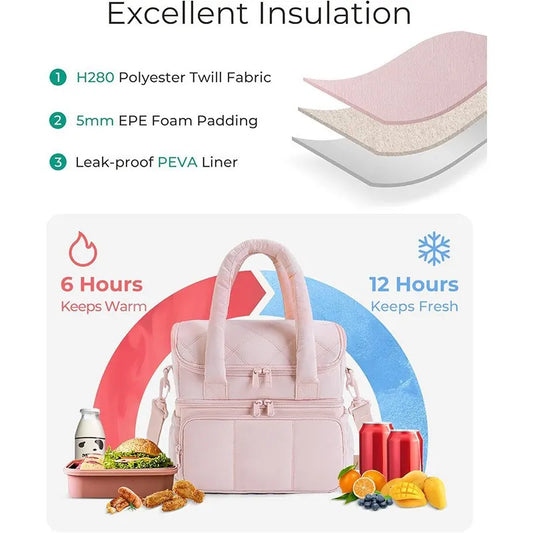 Pink Double-Layer Insulated Quilted Puffer Lunch Bag(10 x 7 x 10 inch) - Large Capacity Picnic Cooler Tote, Long-Lasting Hot/Cold Retention - Image 3