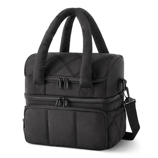 Black Double-Layer Insulated Quilted Puffer Lunch Bag(10 x 7 x 10 inch) - Large Capacity Picnic Cooler Tote, Long-Lasting Hot/Cold Retention