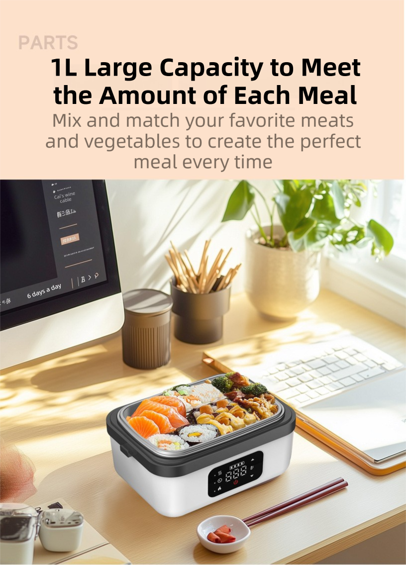 1L Black-Blue Cordless Waterless Heated Lunch Box - Portable 304 Stainless Steel Bento Box for Picnic Students Office Workers, Timed Insulation & USB Rechargeable - Image 5