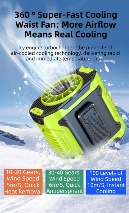 Orange Portable Waist Fan - Construction Site Cooling Solution with 360° Turbo Ice Engine, 100 Speed Gears, and LED Light - Image 3