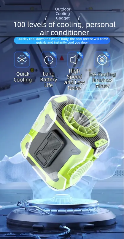 Light Green Portable Waist Fan - Construction Site Cooling Solution with 360° Turbo Ice Engine, 100 Speed Gears, and LED Light - Image 2