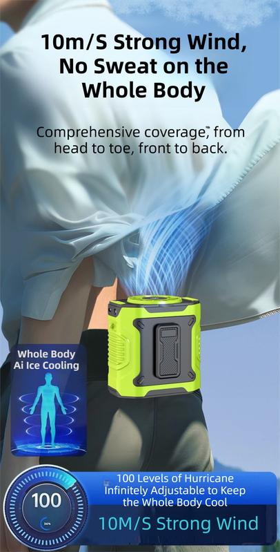 Light Green Portable Waist Fan - Construction Site Cooling Solution with 360° Turbo Ice Engine, 100 Speed Gears, and LED Light - Image 5