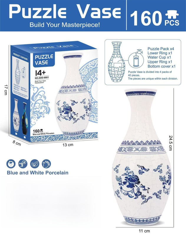 160 PCS Blue and White Porcelain 3D Puzzle Vase - DIY Interlocking Flower Vase Kit, Home Decorative and Toy Gift for Women - Image 2