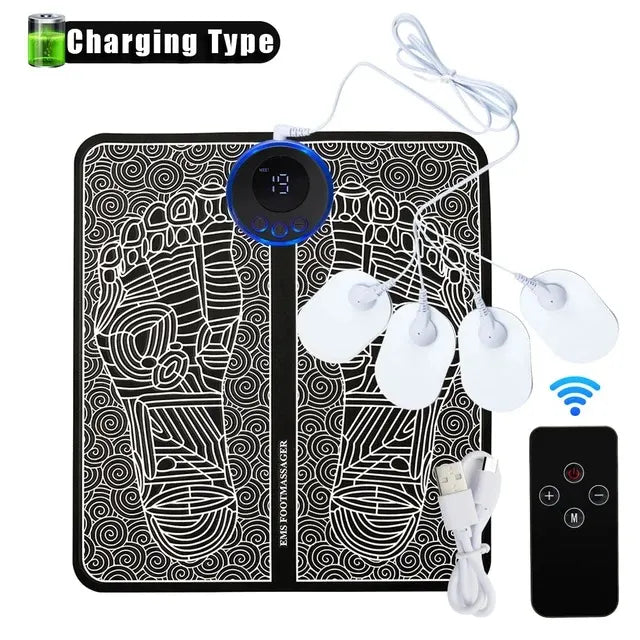EMS Foot Massager Mat With 4 Adhesive Pads & Remote Control - Pulse Device for Foot Reflexology, Deep Tissue Massage, and Acupressure Stimulation