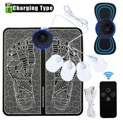 EMS Foot Massager Mat With Neck Patch + 4 Adhesive Pads + Remote Control  - Pulse Device for Foot Reflexology, Deep Tissue Massage and Acupressure Stimulation