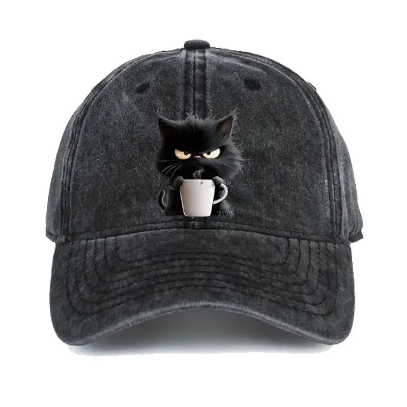 Black Washed Cotton Baseball Cap with Cat Print - Spring/Summer Casual Adjustable Unisex Couple Sun Hat