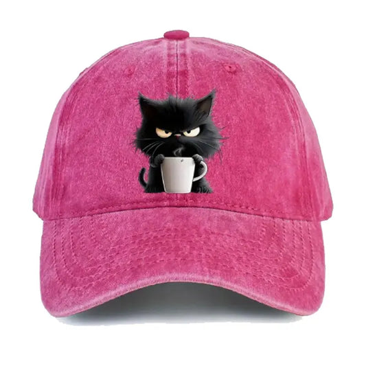 Pink Washed Cotton Baseball Cap with Cat Print - Spring/Summer Casual Adjustable Unisex Couple Sun Hat