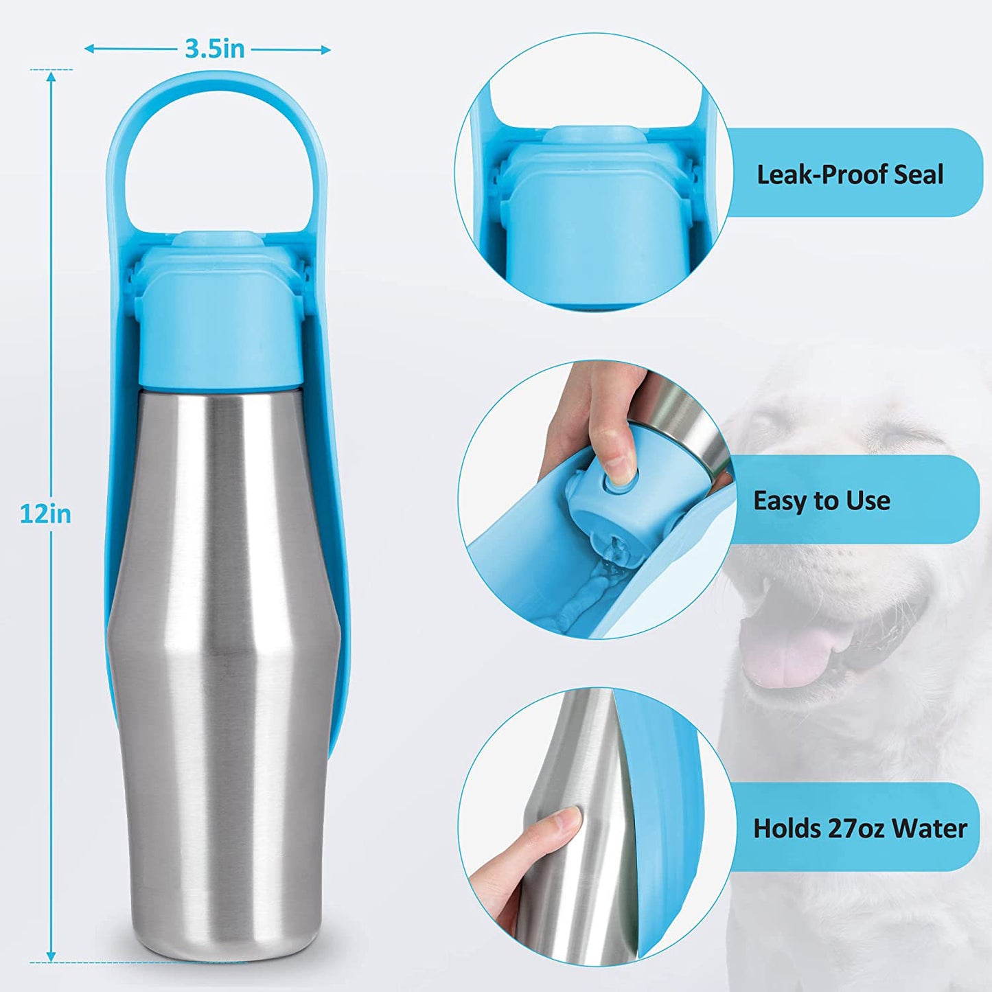 Light Blue 27oz Food-Grade 304 Stainless Steel Pet Water Bottle - Portable Dog and Cat Travel Cup, Outdoor Feeder for Walks and Hikes - Image 2