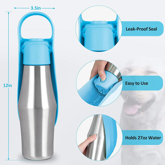 Light Blue 27oz Food-Grade 304 Stainless Steel Pet Water Bottle - Portable Dog and Cat Travel Cup, Outdoor Feeder for Walks and Hikes - Image 2
